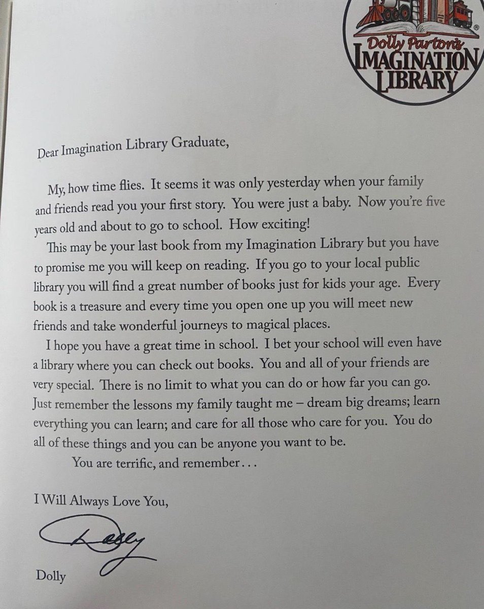 A printed Imagination Library graduation letter on paper, signed Dolly, beginning Dear Imagination Library Graduate.