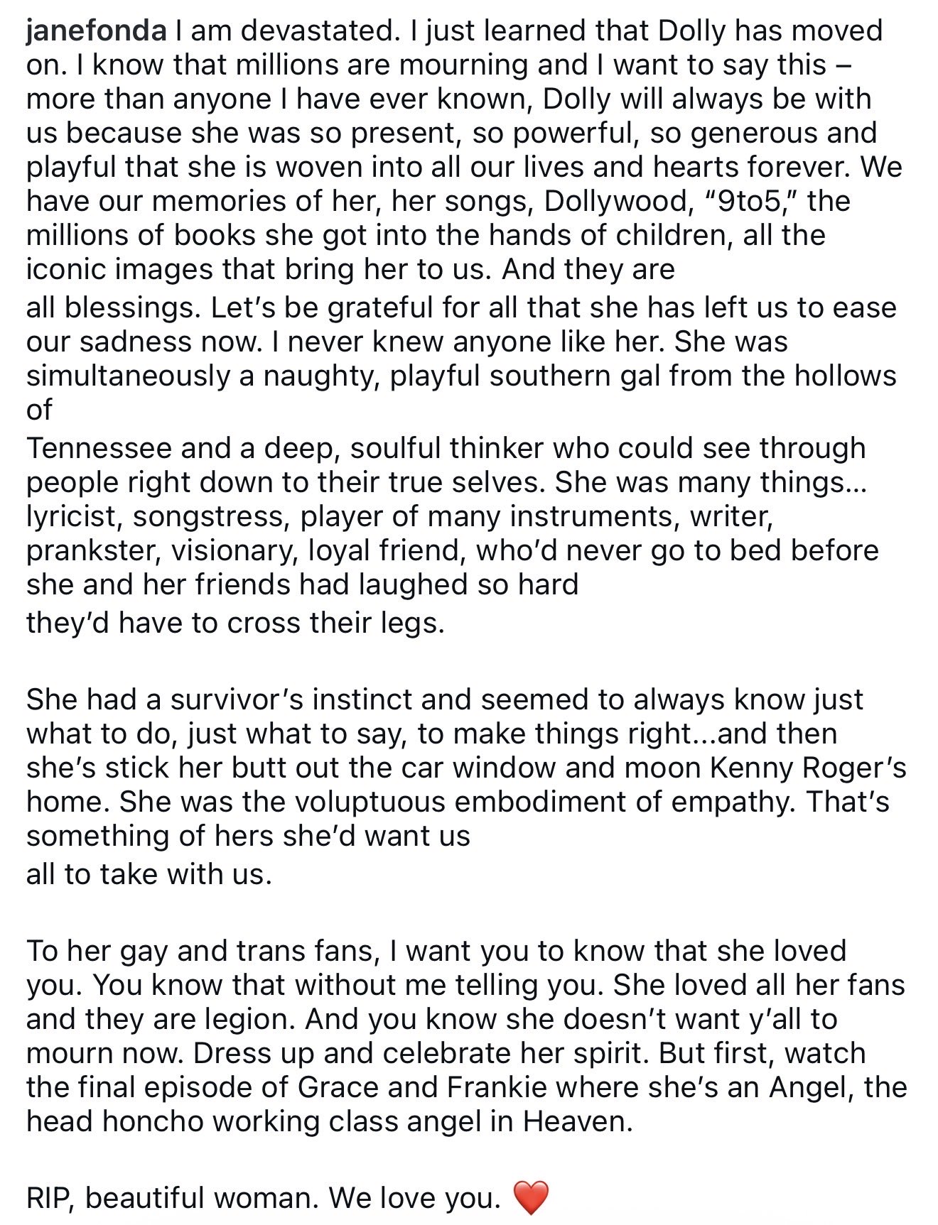 Jane Fonda’s tribute to Dolly Parton.
