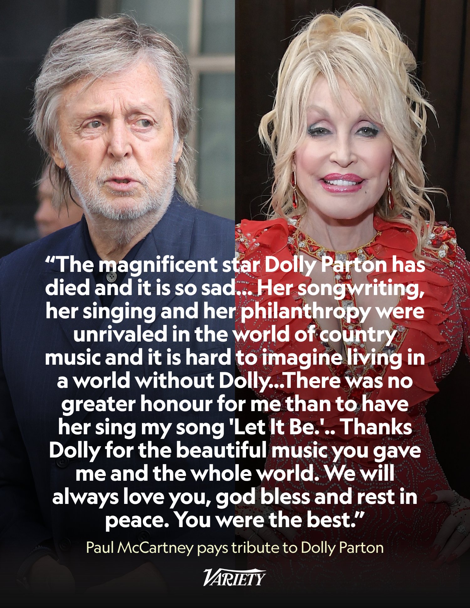 Paul McCartney’s written tribute to Dolly Parton, shared by Variety.